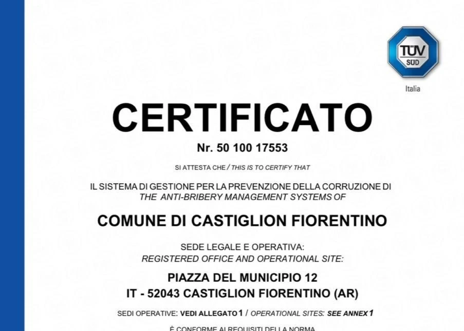 Certificato il sistema di gestione per la prevenzione della corruzione del comune di Castiglion Fiorentino